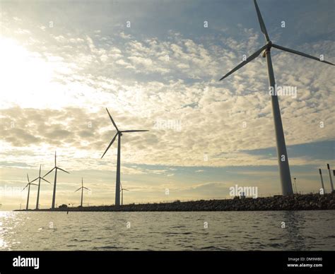 Seascape Sea And Farm Of Wind Turbines Renewable Power And Energy Environment And Technology