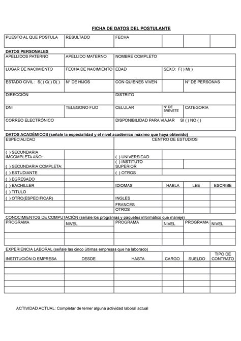 Ficha DE Datos DEL Postulante FICHA DE DATOS DEL POSTULANTE PUESTO AL