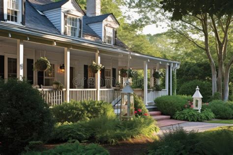 Cape Cod House With Wrap Around Porch And Lanterns Surrounded By