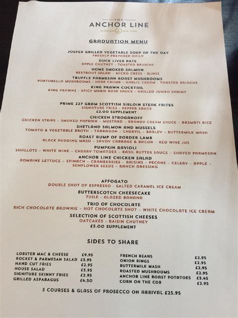 Menu at The Anchor Line steakhouse, Glasgow