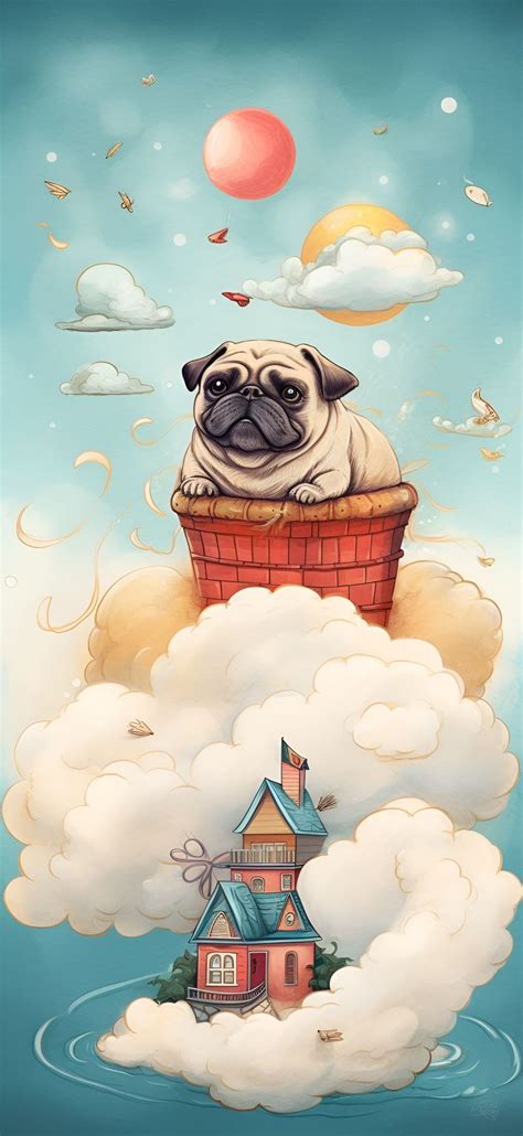 Aesthetic wallpaper of a pug lounging in a cloud bed above a dreamy ...