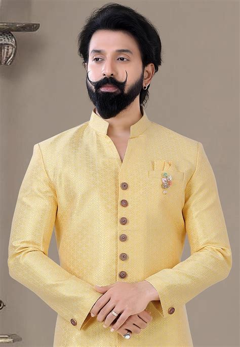 Buy Woven Art Silk Jacquard Sherwani In Yellow Online Muy Utsav