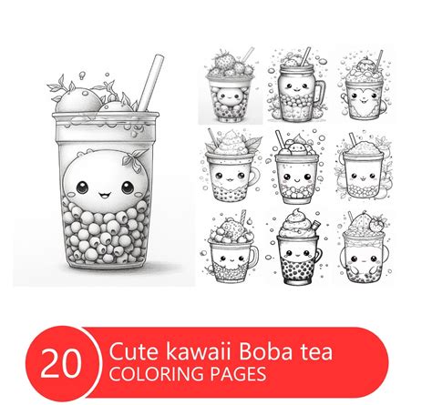 Cute Kawaii Boba Tea Coloring Book for Adults and Kids, Grayscale Coloring Pages, Instant ...