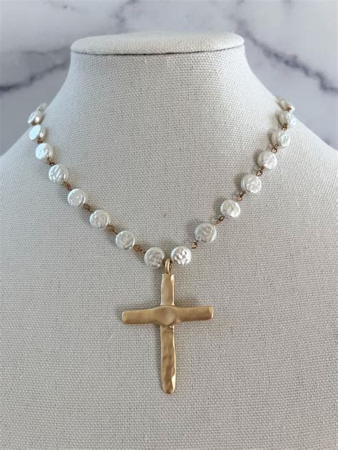 Pearl Cross Necklace Vintage Porcelain Glass Pearl Pearl Etsy