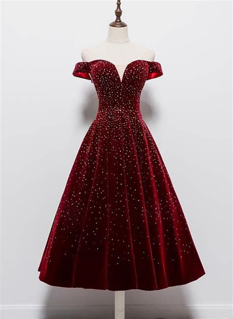 Wine Red Sweetheart Wedding Party Dress Velvet Tea Length Formal Dress