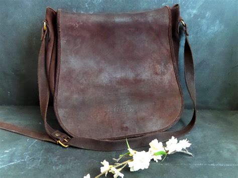 Large Rustic Leather Crossbody Saddle Bag Nubuck Brown Hunting