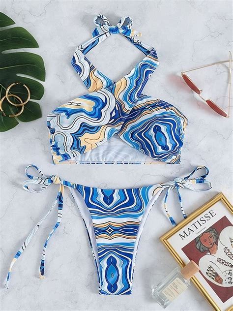 2022 Wave Print Criss Cross Halter Bikini Set Blue M In Bikini Sets