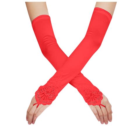 Wozhidaoke Womens Gloves Fingerless Long Red Gloves Pierced Elbow Length Satin Gloves Stretchy