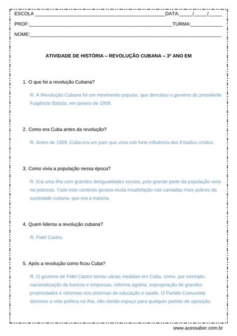 Pdf Atividade De HistÓria RevoluÇÃo Cubana 3º Ano Em · Como Era Cuba