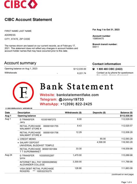 CANADA CIBC Bank Statement Template Bank Statement Generator