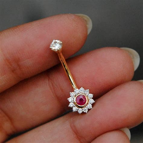 Natural Diamond And Ruby Belly Button Ring 14k Solid Gold Etsy