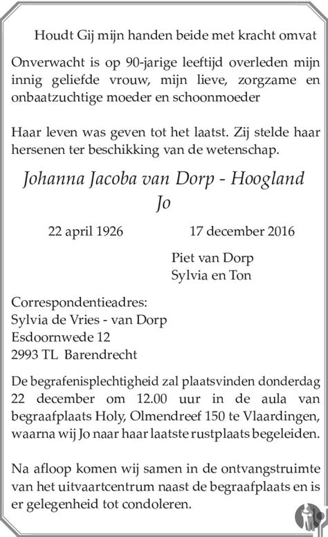 Johanna Jacoba Jo Van Dorp Hoogland 17 12 2016 Overlijdensbericht