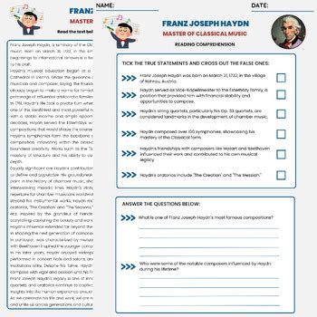 Franz Joseph Haydn Reading Comprehension Worksheet Classical Music