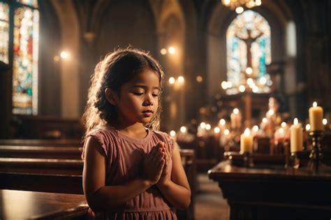 Premium Photo Cute Small Girl Praying In The Church Ai Generative