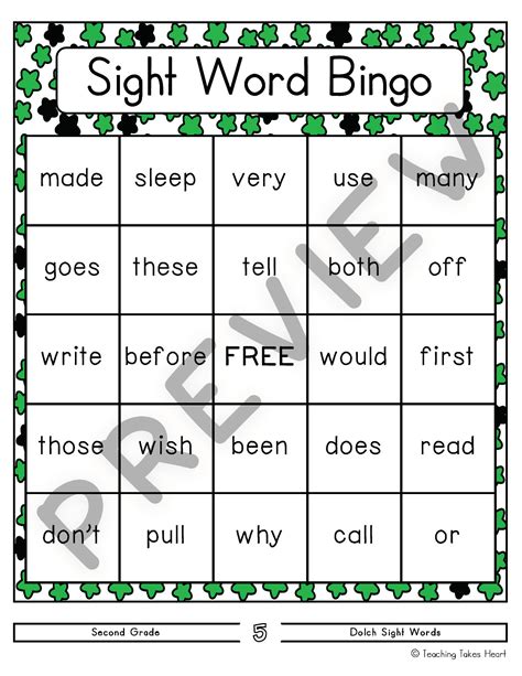 Sight Word Bingo Second Grade Teaching Takes Heart