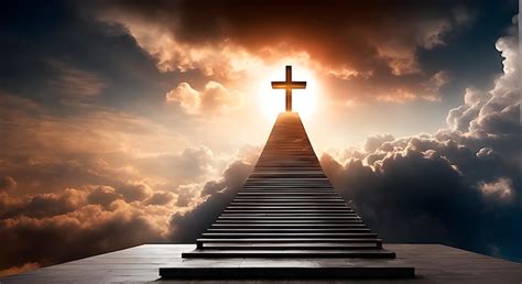 Premium AI Image | Path to heaven with a cross on top of stairs in the sky