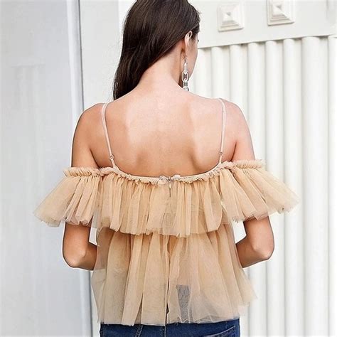 Tops Nude Tulle Lace Up Blouse With Tiered Ruffles Poshmark