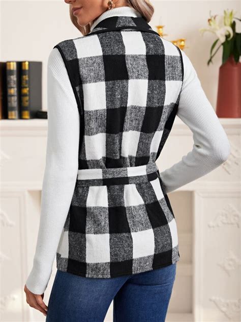 Shein Clasi Buffalo Plaid Belted Vest Overcoat Shein Usa