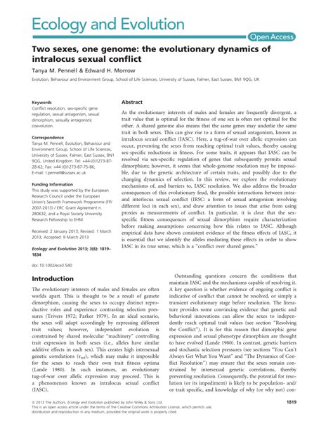 Pdf Two Sexes One Genome The Evolutionary Dynamics Of Intralocus Sexual Conflict