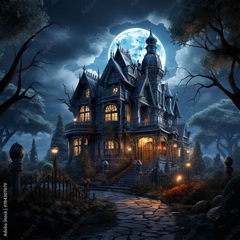 A Gothic house bathed in moonlight, the light accentuating its haunting ...