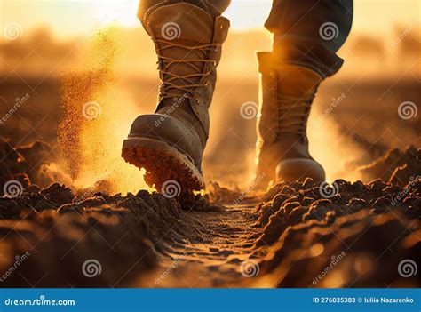 Feet In Farm Boots Walk Across A Plowed Field At Sunset Ai Generated Stock Illustration