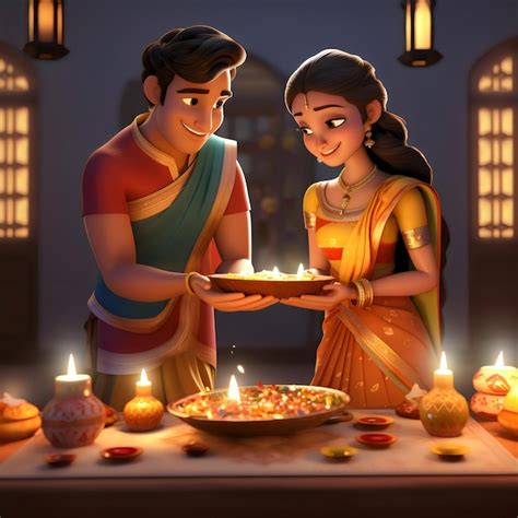 Indian 3d Couples With Diya Diwali And Karwa Chauth Design Style Premium Ai Generated Image