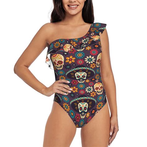 Easygdp Skulls And Flowers Womens One Shoulder Ruffle Monokini Bathing