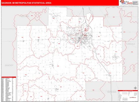 Saginaw Mi Metro Area Wall Map Red Line Style By Marketmaps Mapsales