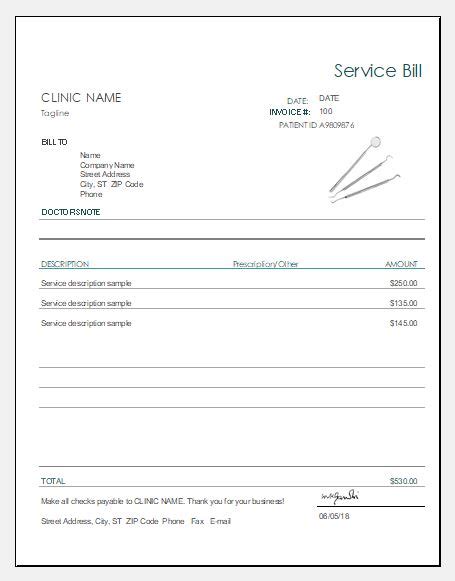 Dental Service Billinvoice Templates For Ms Excel Excel Templates