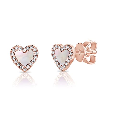 Joelle Diamond And Mother Of Pearl Heart Studs Earrings 14k Gold 110ct