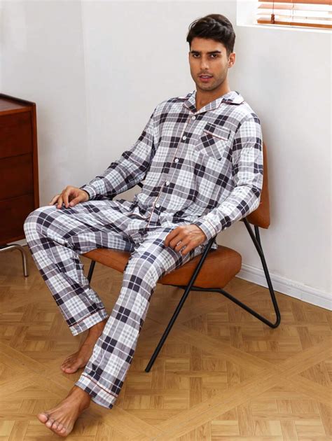 Men Plaid Print Contrast Piping Pj Set Shein Usa