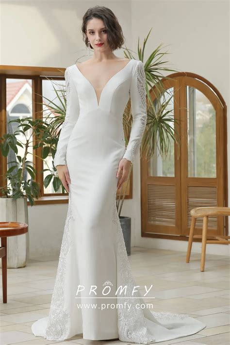 Lace & Satin Plunging Neck Sleeved Winter Bridal Dress - Promfy