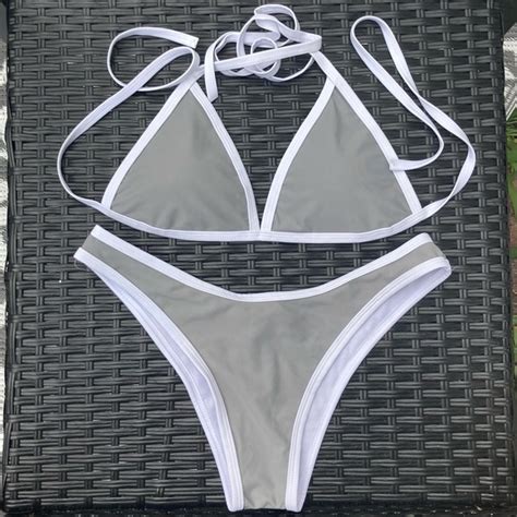 Swim Triangle Halter Tie Thong Bikini Set Greywhite Poshmark