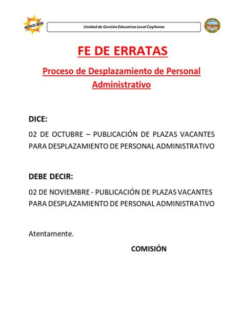 FE DE ERRATAS DESPLAZAMIENTO PERSONAL ADMINISTRATIVO UGEL CAYLLOMA