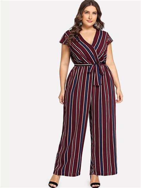 Shein Plus Waist Belted Wrap Wide Leg Striped Jumpsuit Striped