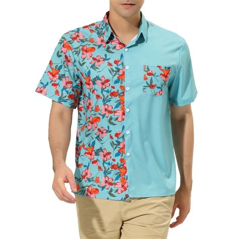 Lars Amadeus Mens Hawaiian Floral Patchwork Short Sleeves Button