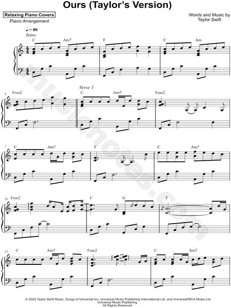 Relaxing Piano Covers Ours Taylors Version Sheet Music Piano Solo