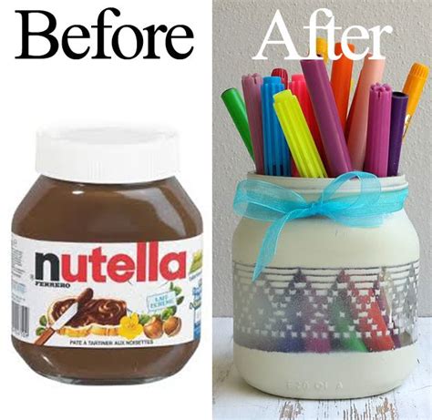 An Old Nutella Jar Recycled Into A Pencil Holder Using A Piece Of Lace