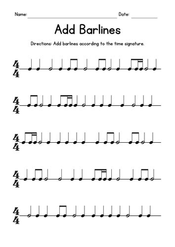 Add Barlines Music Worksheets - 4/4 Time Signature Practice | Teaching Resources