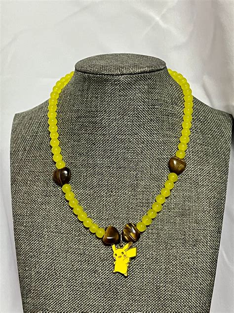 Handmade Pikachu Necklace Yellow And Brown Heart Jewelry Glass Beads