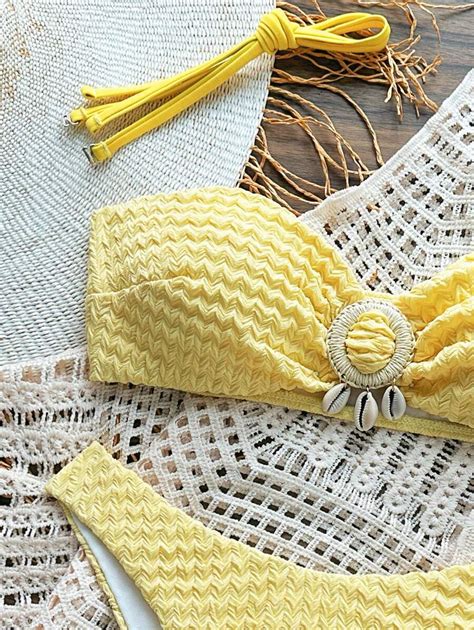 Swim Mod Pcs Textured Fabric Yellow Beach Outfit For Women Sexy Cute Halter Bikini Set For