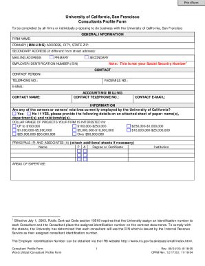 Fillable Online Supplychain Ucsf Consultant Profile Form Supply Chain