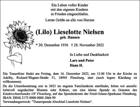 Traueranzeigen Von Lilo Lieselotte Nielsen Sh Z Trauer