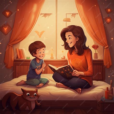 mom reading book   son simple cartoon kids book style art