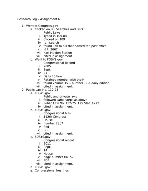 Research Log For RA 6 Outline Research Log Assignment 6 Went To