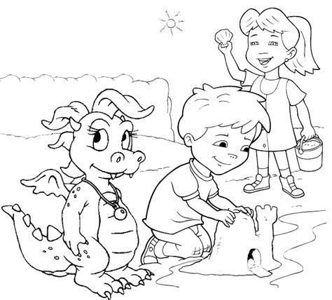 Cassie Max and Emmy building a castle on the beach Coloring Page of ...