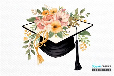 Watercolor Floral Graduation Cap Clipart Gráfico Por Regulrcrative