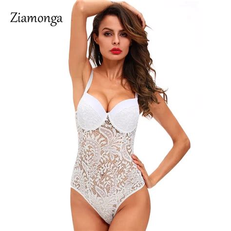 Ziamonga White Lace Teddy Sexy Spaghetti Strap Push Up Women Bodysuit