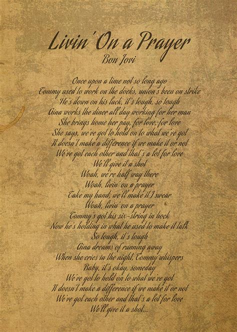 Letra De Bon Jovi Livin' On A Prayer - Livin on a Prayer by Bon Jovi Vintage Song Lyrics on Parchment Mixed ...