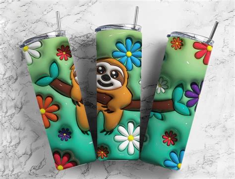 Flower Sloths 20oz Sublimation Tumbler Designs 3D Inflated 9 2 X 8 3